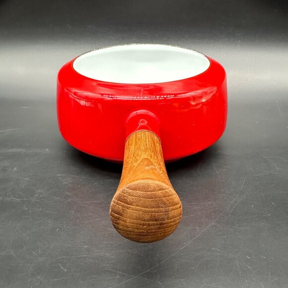 Vintage Fondue Pot Saucepan Dansk Kobenstyle Red Enamel Teak Wood No Lid - Picture 3 of 12